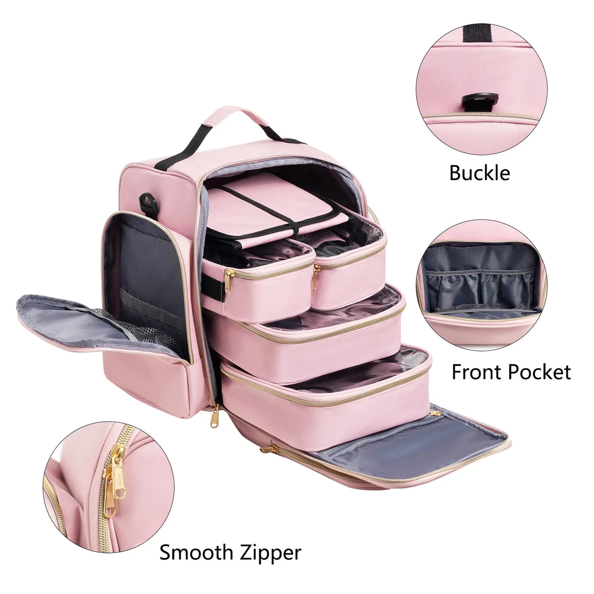 Large Capacity Travel Makeup Backpack with 5 Removable Organizer Cases & Jewelry Roll(pink) - Image 7