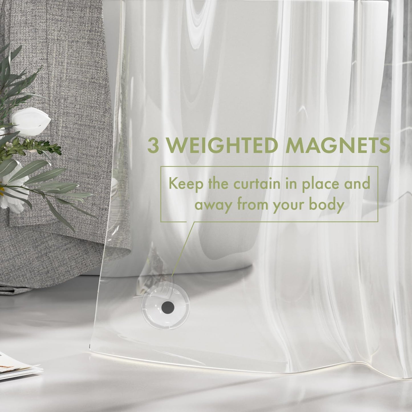 Heavy-Duty Clear PEVA Shower Curtain Liner with 3 Magnets - Waterproof & Easy-Clean Bathroom Liner with Hooks - Image 3