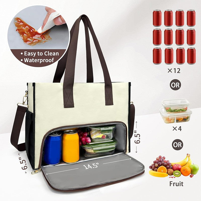 Black Large Capacity Insulated Lunch Tote Bag with Shoulder Strap Leakproof Cooler Handbag Multi-Pocket Work Organizer for Office and Picnics - Image 4