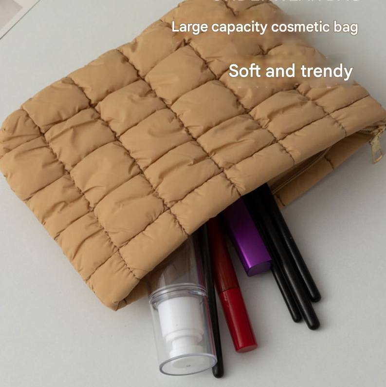 Dark Brown 2 Pack Quilted Puffer Clutch Bag Set Checkered Makeup Pouch Women Fashion Cosmetic Organiser for Travel and Daily Use - Image 2