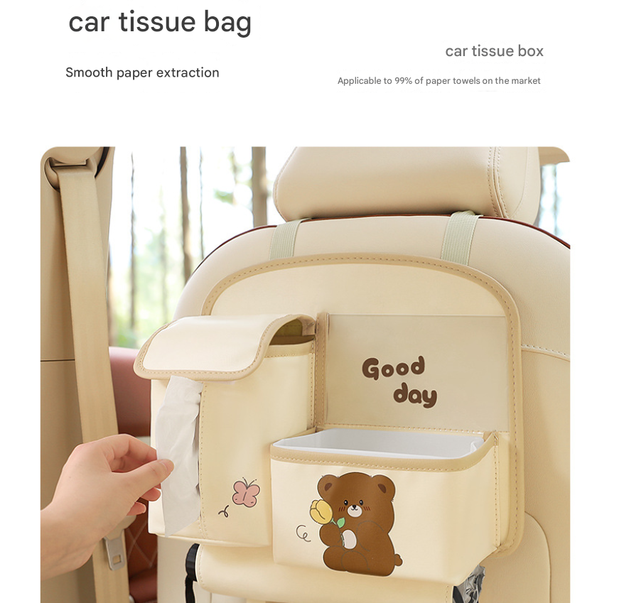 Brown Cute Bear Car Back Seat Organiser PU Leather Hanging Storage Pouch with Tissue Box Holder and Umbrella Strap Universal Travel Accessory - Image 5