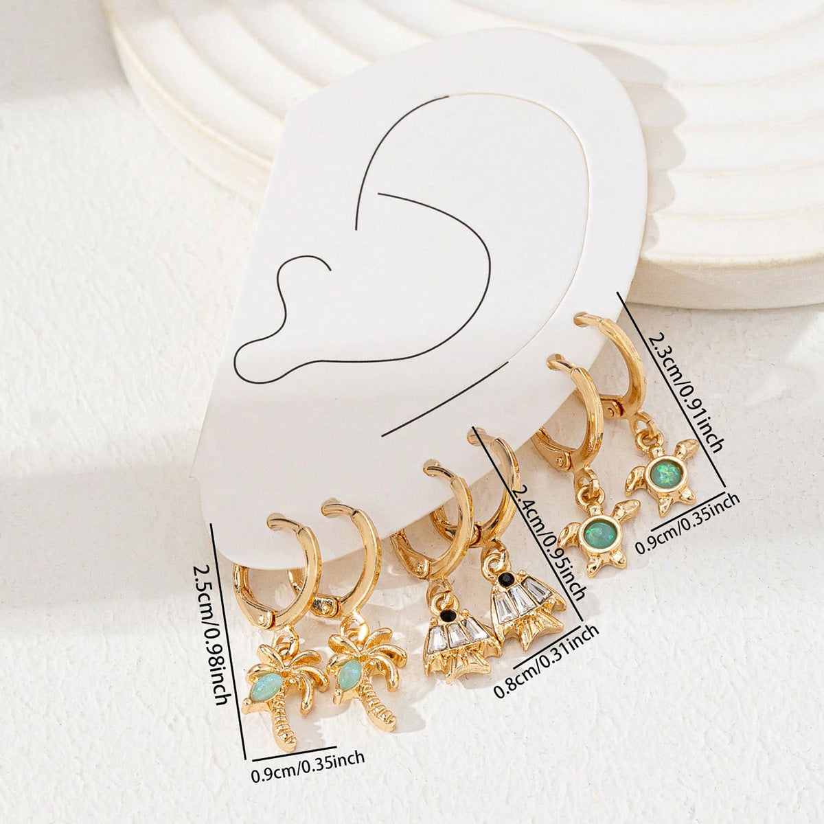 3 Pair Gold Tone Huggie Hoop Earrings Set Tropical Palm Tree Sea Turtle and Fish Charms Beach Holiday Jewellery for Women - Image 5