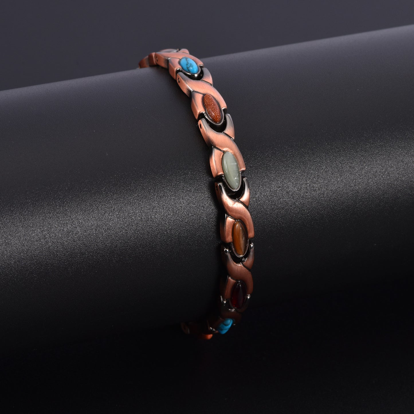 Vintage Copper Tone Magnetic Bracelet Unisex Fish Link Chain with Colourful Stones 19.5cm Bangle for Men and Women Jewellery Gift - Image 5