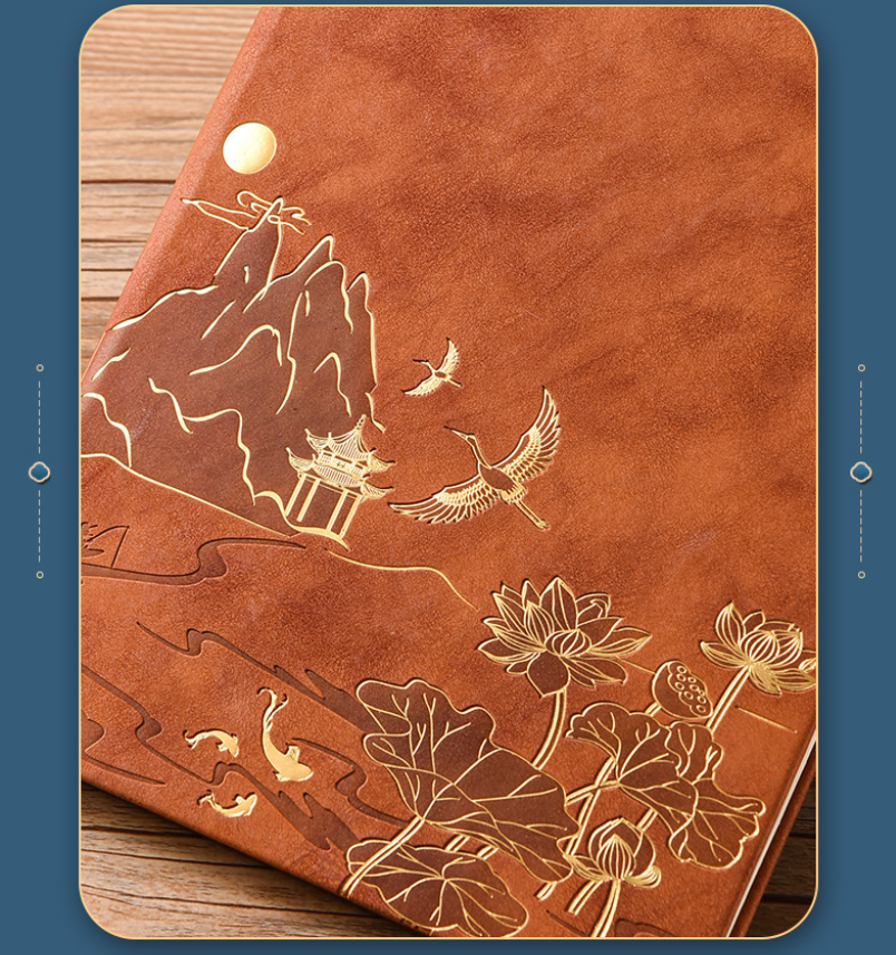 Green A5 Premium Notebook Gift Set with Pen - Red PU Leather Journal with Gold Oriental Art - 200 Pages Business Diary & Corporate Gift Box (Lotus & Crane Design) - Image 4