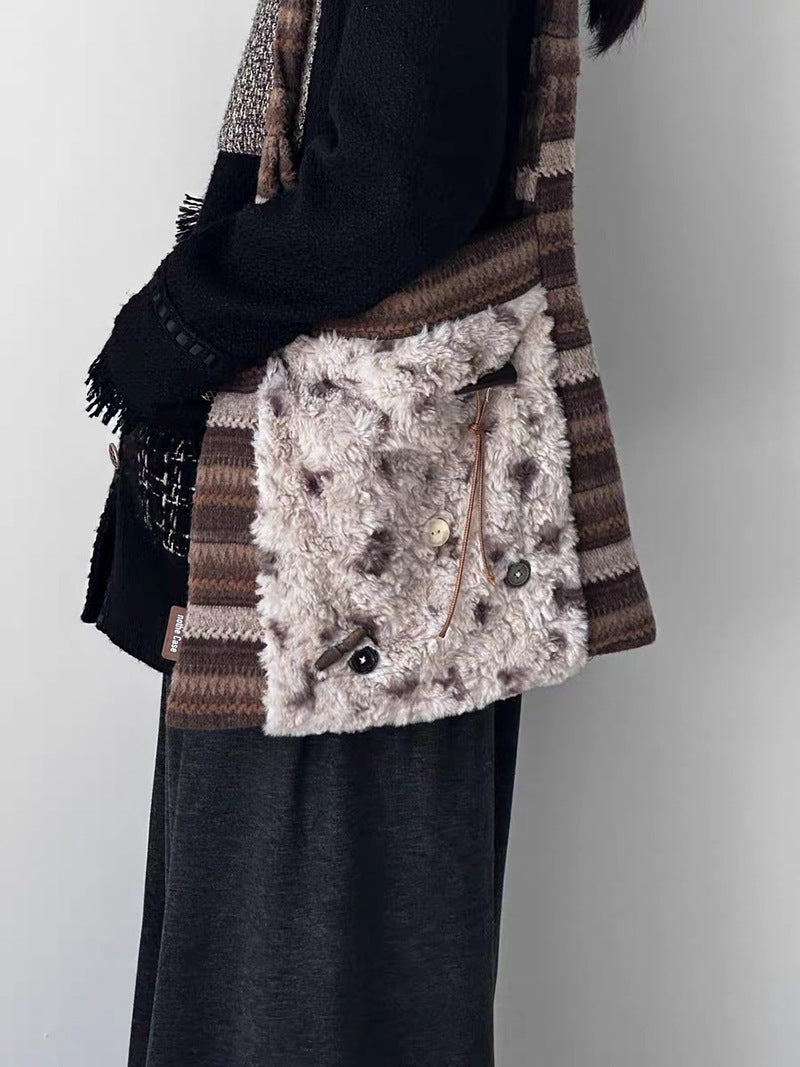 Women's Fur Splicing Large Tote Bag Wool Knit Shoulder Crossbody Bag for Casual Commute 40x36cm - Image 4