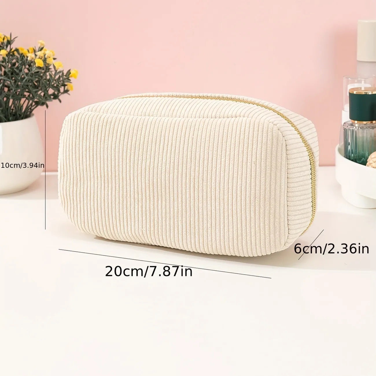 Pink Corduroy Cosmetic Bag Large Capacity 20cm Makeup Pouch for Lipstick Jewelry and Keys - Soft Portable Travel Toiletry Organiser - Image 2