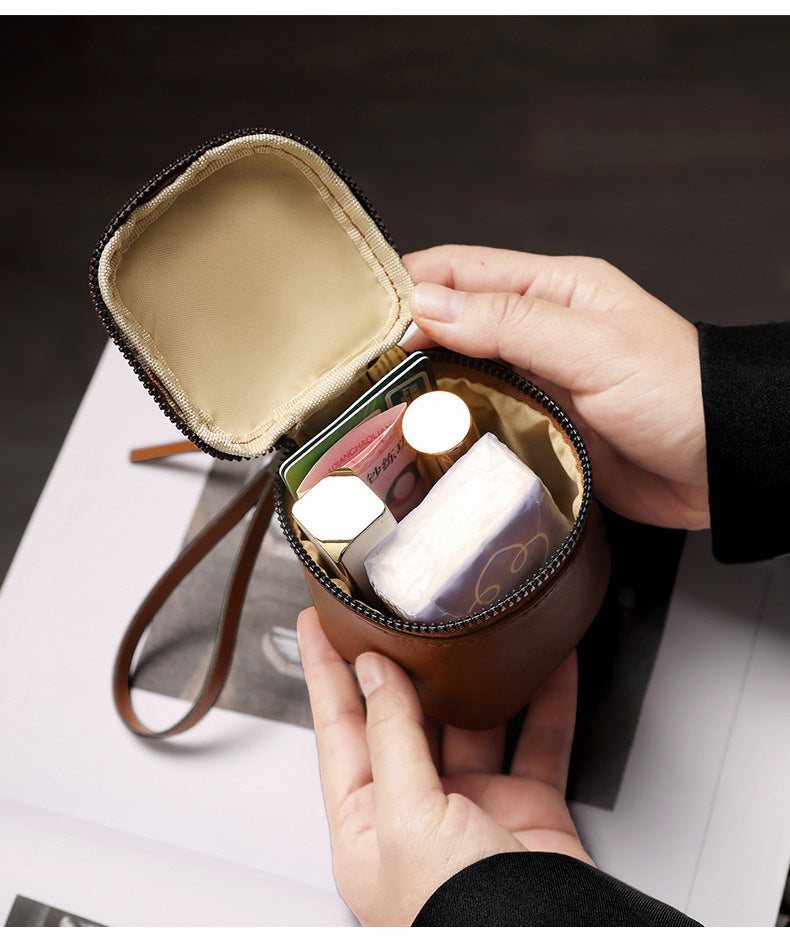 Brown 2 Pack Mini PU Leather Cube Cosmetic Bag - Portable Travel Pouch for Lipstick, Coins and Jewelry - Compact Storage with Wrist Strap 8x7.5cm - Image 3