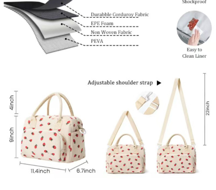 Beige Women's Large Corduroy Lunch Bag Insulated Thermal Tote Strawberry Print with Shoulder Strap for Work School & Picnics - Image 4