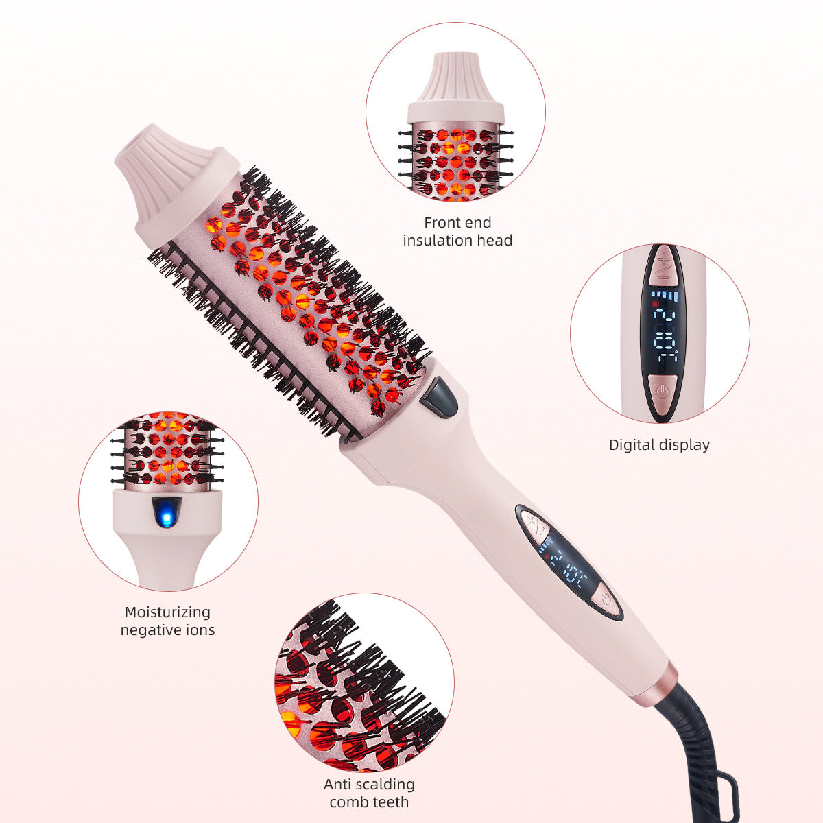 2-in-1 Pink Volumizing Hair Straightening Brush & Curling Iron - Tourmaline Ceramic Heating, With 5 Adjustable Temperature Settings and Anti-Scald Shell - Image 5