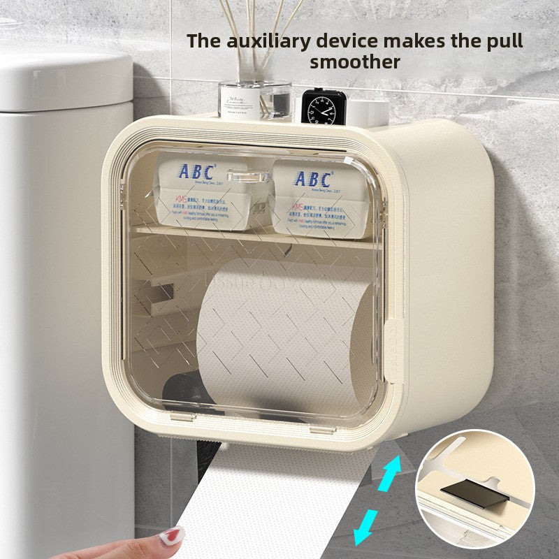 Grey Wall Mounted Dual Layer Bathroom Tissue Box Holder with Storage Drawer Waterproof Dispenser for Toilet Paper and Tissues - Image 4