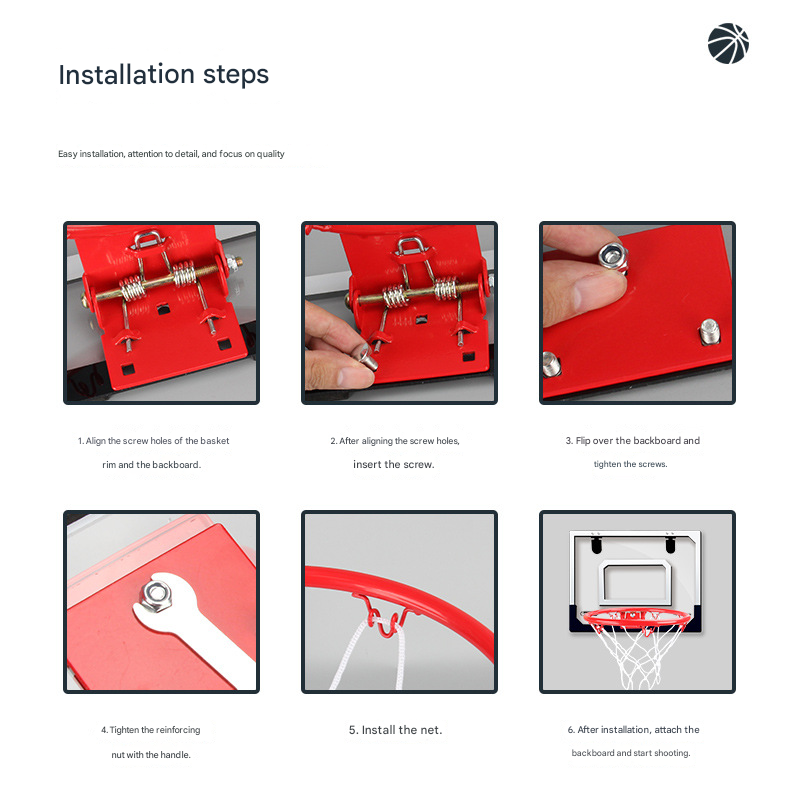 Indoor mini basketball hoop with one 14cm ball Folds flat for door mounting Spring-loaded action with detachable basket Transparent backboard Fun for children and adults in home offices - Image 4