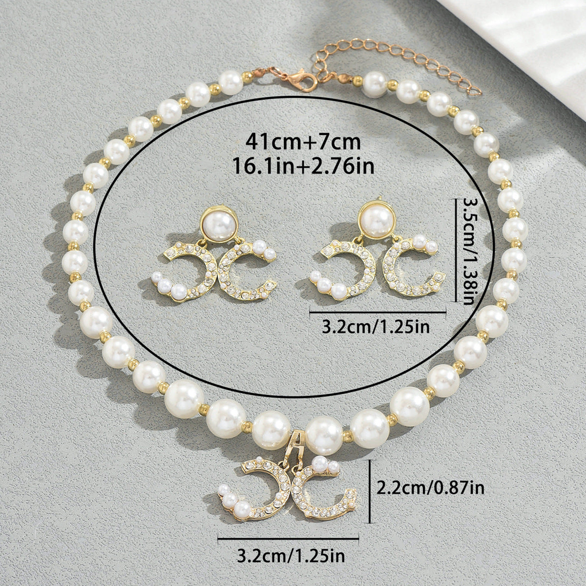 Elegant Women's Jewelry Set – Geometric C-Shape Pendant Necklace with Pearl Chain and Matching Earrings - Image 3