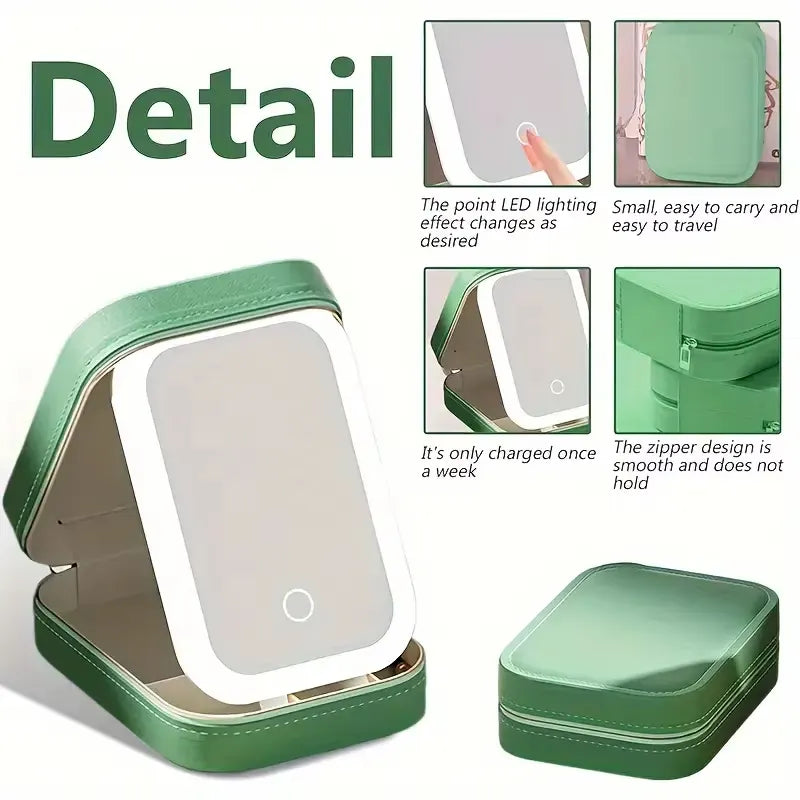 Green Portable LED Makeup Mirror with Jewellery Storage Box Touch Screen Adjustable Light Travel Cosmetic Organizer Case - Image 4