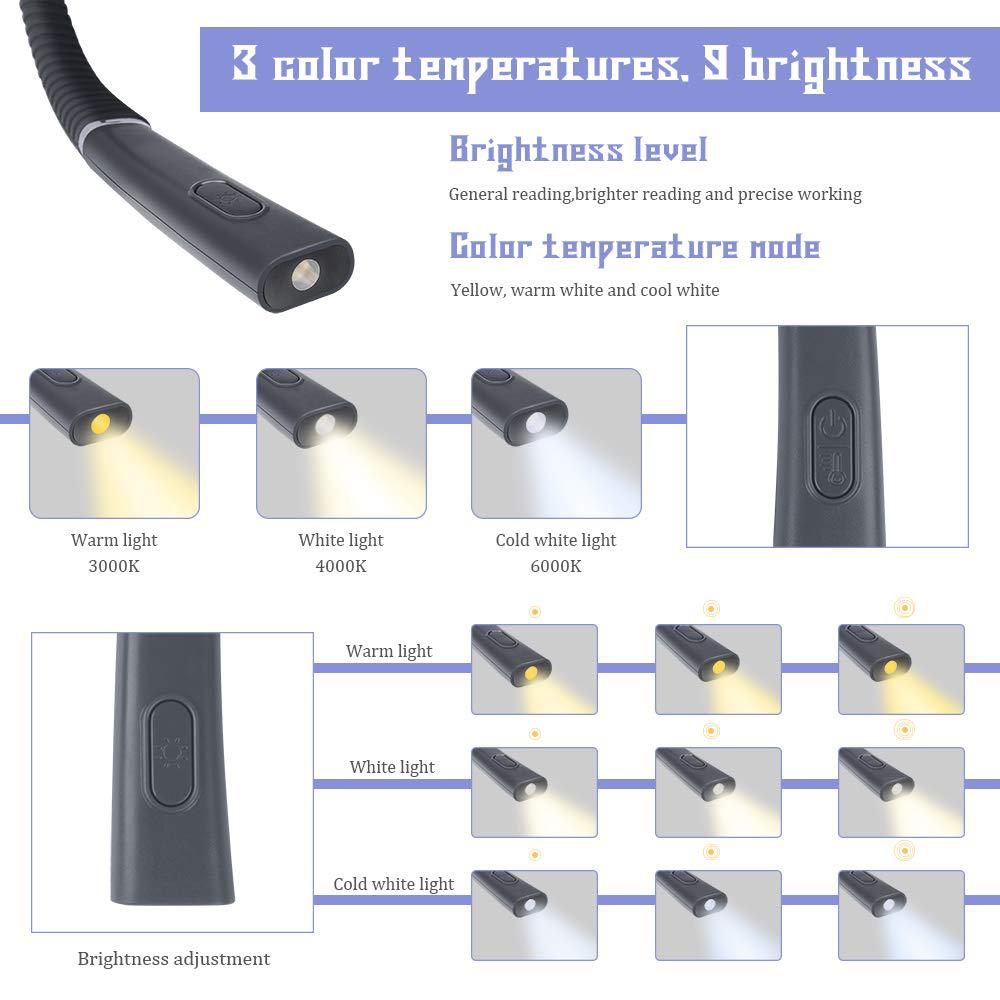 Grey Hands-Free USB Rechargeable Neck Reading Light 3 Colour Modes Flexible LED Book Lamp for Night Reading Knitting Repairing - Image 5