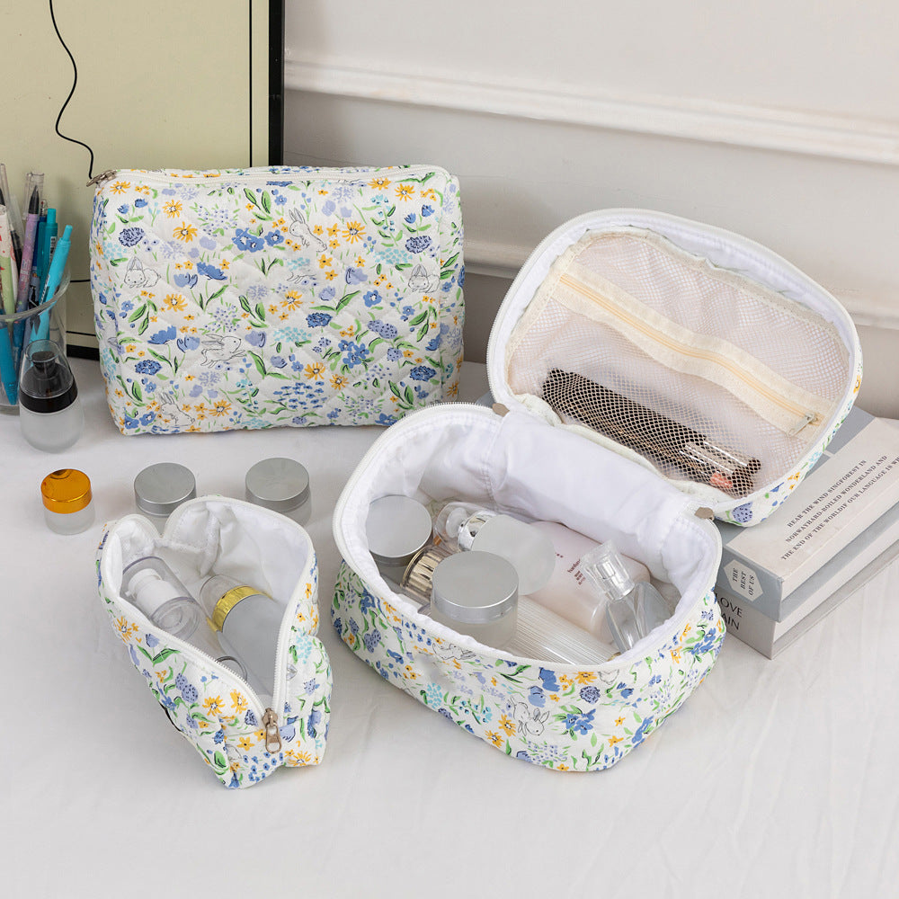 3SET Quilted Floral Makeup Bag Collection Cute Rabbit Pattern Cosmetic Pouch &Travel Toiletry Organizer & Pencil Case for School and Home - Image 5