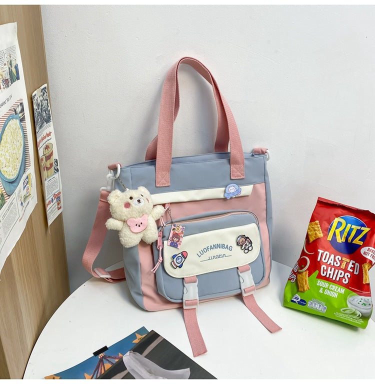 Women's Kawaii Pink Shoulder Bag with Cute Bear Plush Charm and 4 Badges Large Capacity Nylon Tote School Handbag - Image 5