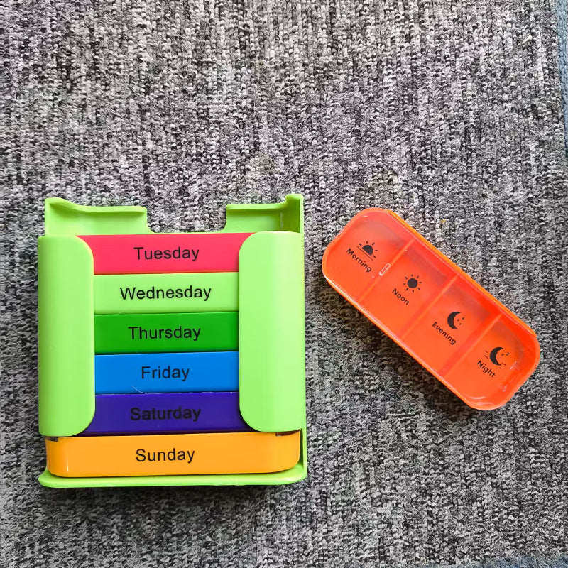 7 Day Weekly Pill Organiser Box - Rainbow Colour Coded Medicine Storage with 4 Daily Compartments - Portable Green Casing Dispenser for Home & Travel - Image 2