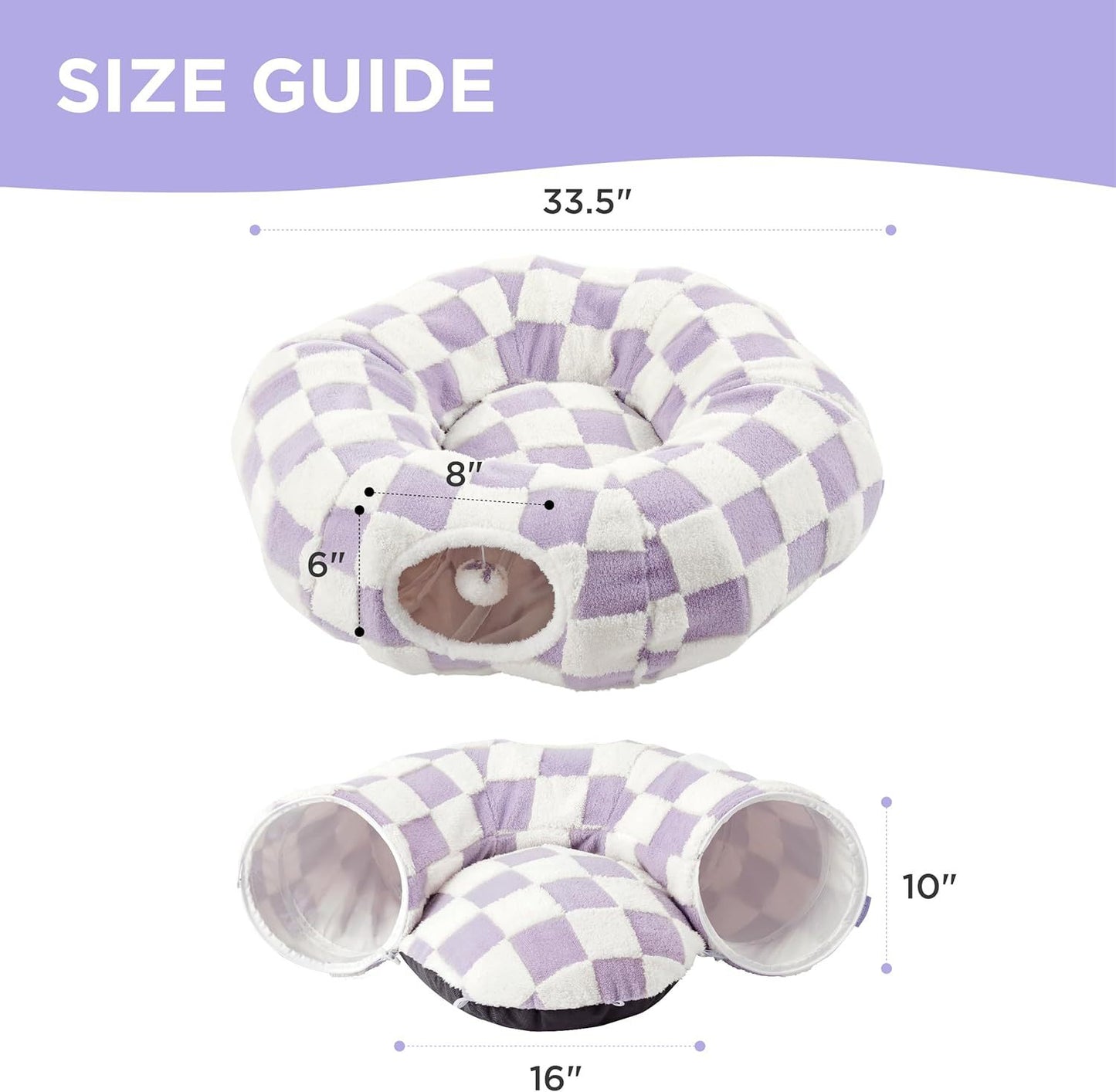 2-in-1 Cat Tunnel Bed Purple Daisy 80cm - Plush Donut Pet Cave & Play Tube - Detachable Washable Cushion & Interactive Hanging Toy for Indoor Cats - Image 7