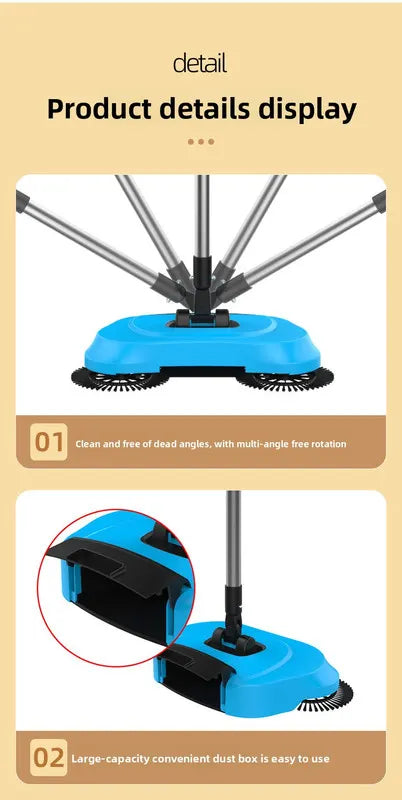 3-in-1 Hand Push Floor Sweeper - Manual Spinning Broom, Dustpan & Mop Combo - Silent Non-Electric Cleaning for Hardwood & Tiles - Lightweight Sky Blue - Image 9