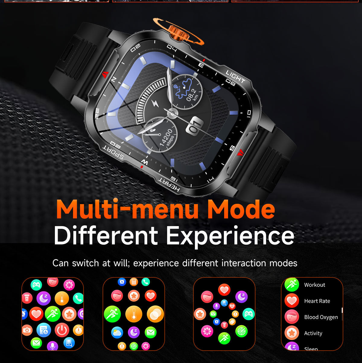 Rugged Outdoor Smart Watch for Men - 1100mAh Extra Long Battery with LED Flashlight & Compass - 2.01" HD Screen Bluetooth Calling IP68 Waterproof Fitness Tracker - Camouflage Color - Image 8