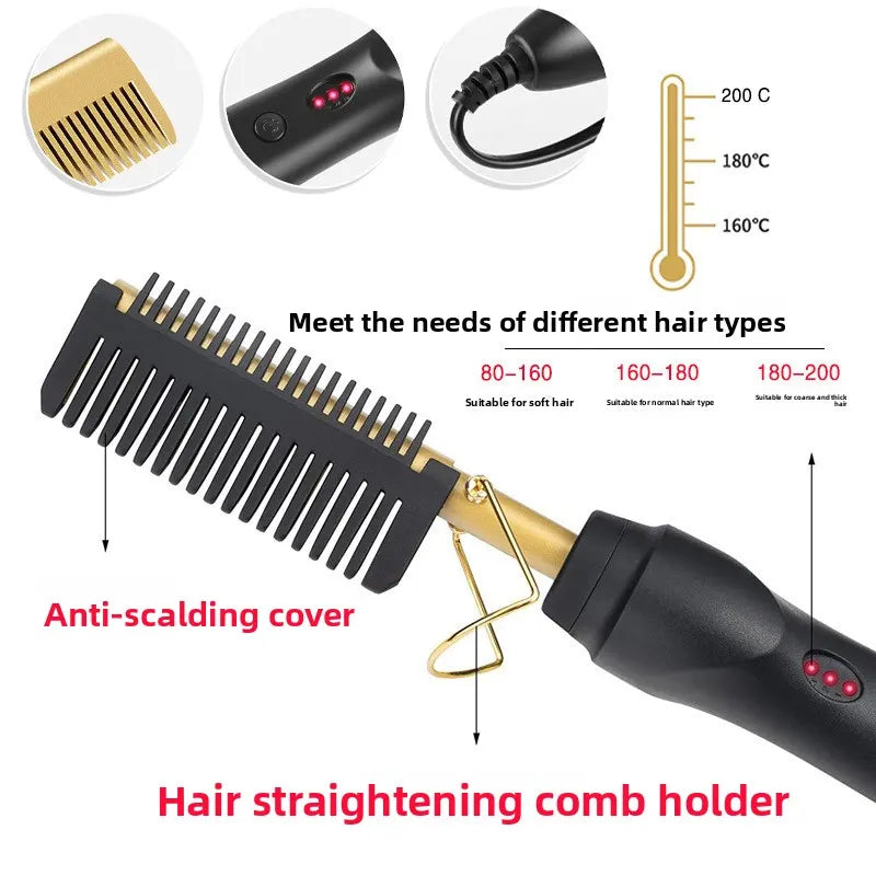 2-in-1 Electric Hot Comb Hair Straightener & Curler Titanium Alloy Heating Fast Heat Up Anti-Scald Pressing Comb with AU Plug 3 Temp Settings Pink - Image 5