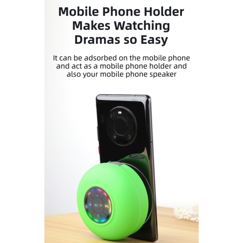Black IPX4 Waterproof Portable Bluetooth Shower Speaker with Suction Cup & LED Light - Multi-Use As Phone Stand, Built-in Mic for Hands-Free Calling - Image 7