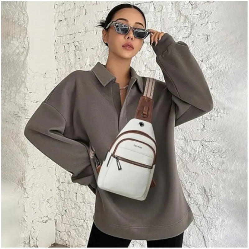 Brown Women's 3-Layer Zipped PU Chest Bag with Reversable Strap - Roomy But Not Nulky Single Shoulder Crossbody Bag - Image 5
