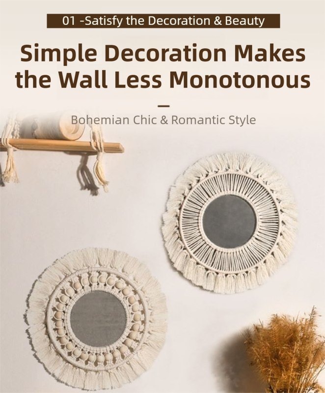 M0864 Bohemian Macrame Wall Hanging Mirror with Hand-Woven Petal Accents - Artistic Round Fringe Mirror for Home Decor - Image 4