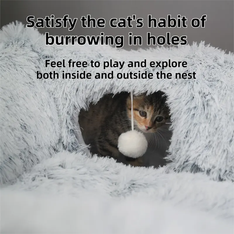 2-in-1 Dark Grey Tie-Dye Donut-Shaped Cat Tunnel Bed - Spacious 85cm Pet Play Tunnel & Lounger, Durable Fabric for Cats & Kittens - Image 4