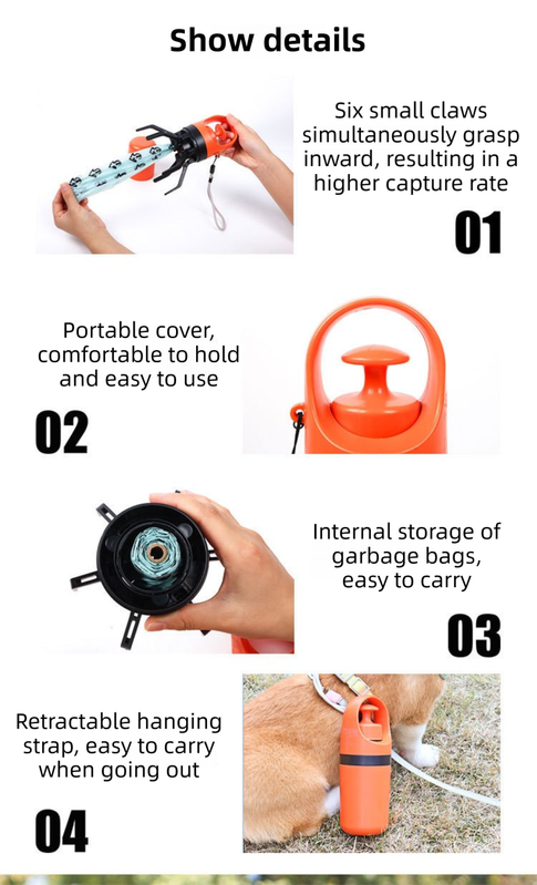 Orange Foldable 6-Claw Pet Pooper Scooper with Integrated Waste Bag Dispenser & 1 Roll of Bags - Durable One-Handed Operation for Outdoor Walking - Image 5