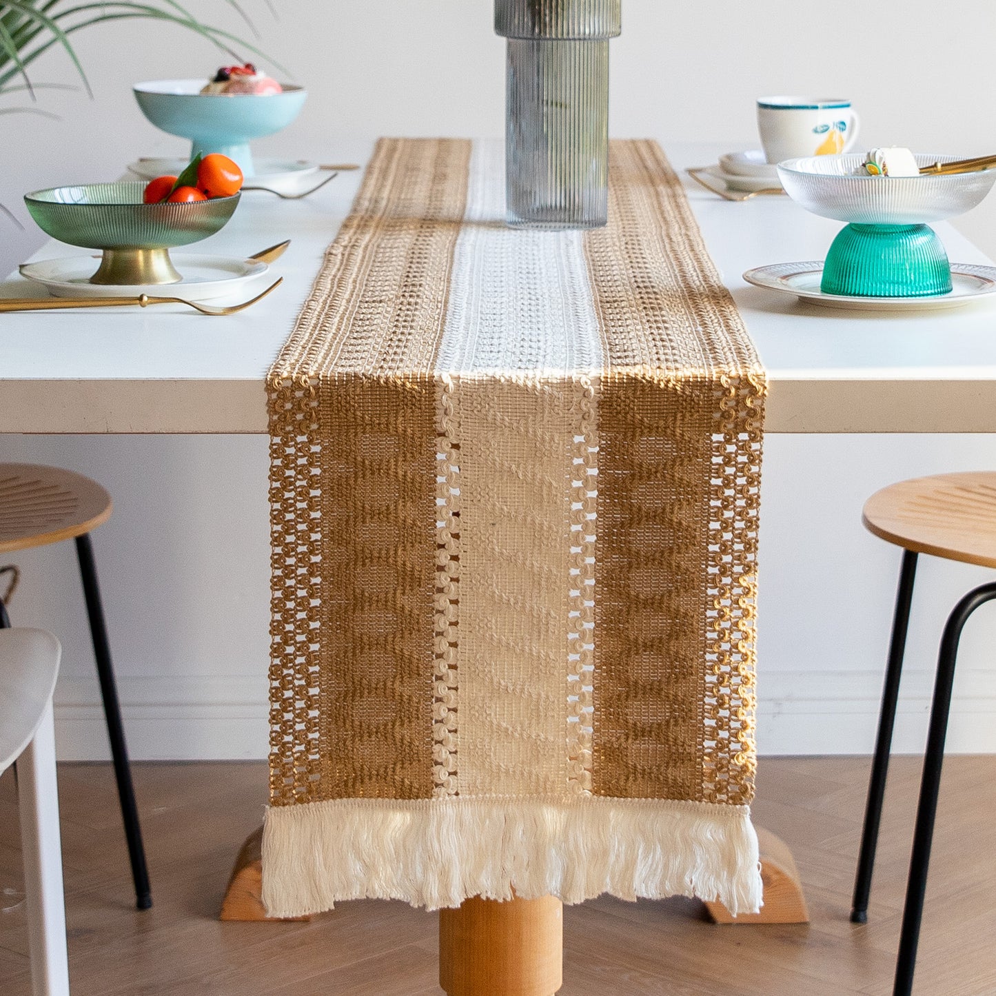 White-Green Bohemian Woven Table Runner with Tassels(30X183CM) - Wrinkle-Resistant Striped Table Scarf for Wedding, Holiday & Outdoor Party - Image 6