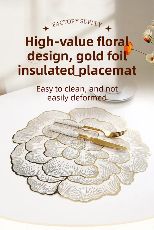 4-Pack Gold Luxury Bronzing Floral Heat-Insulated Placemats - Peony Style Anti-Slip & Waterproof PVC Table Mats(38x38CM) - Image 2