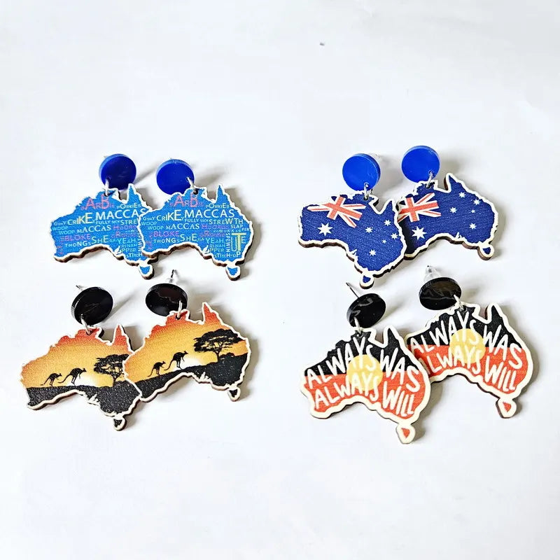 4-Pair Wooden Australia Map Silhouette Earrings - Lightweight Geometric Ear Drops, Cultural Decor Gift - Image 2