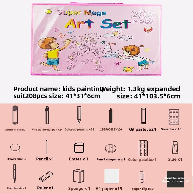 Pink 208-Piece Kids Art Set with Built-in Trifold Easel Drawing and Painting Kit for Students with Watercolor Pens Crayons and Pencils for Aussie Homes - Image 5