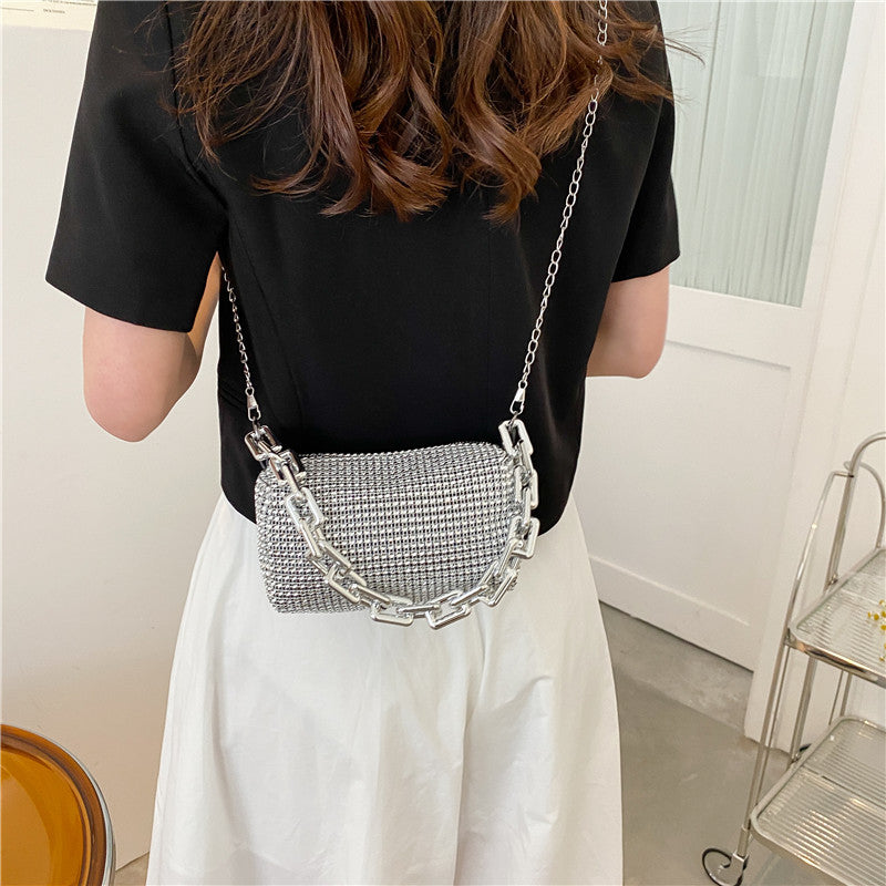 Silver Mini Shoulder Bag for Women – Rhinestone-Embellished Pillow-Shaped Chain Bag with Fashionable Metal Hardware and Compact Design - Image 4