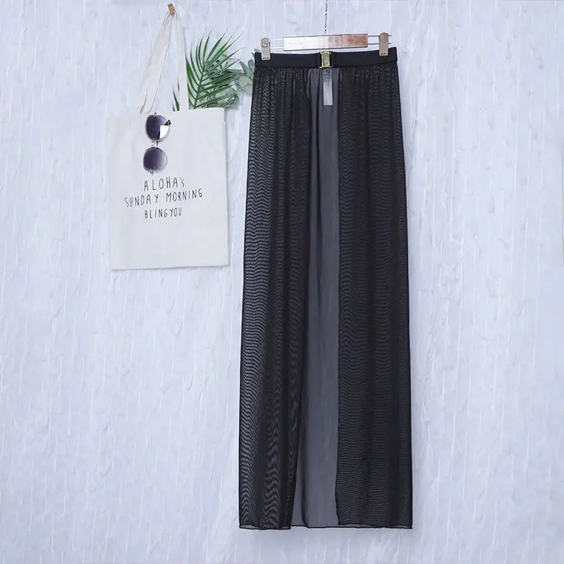 Black High-Waisted White Swim Skirt with Gold Buckle Belt – Elegant Long Beach Cover-Up for Women, Ideal for Poolside and Tropical Vacations(Size: L)