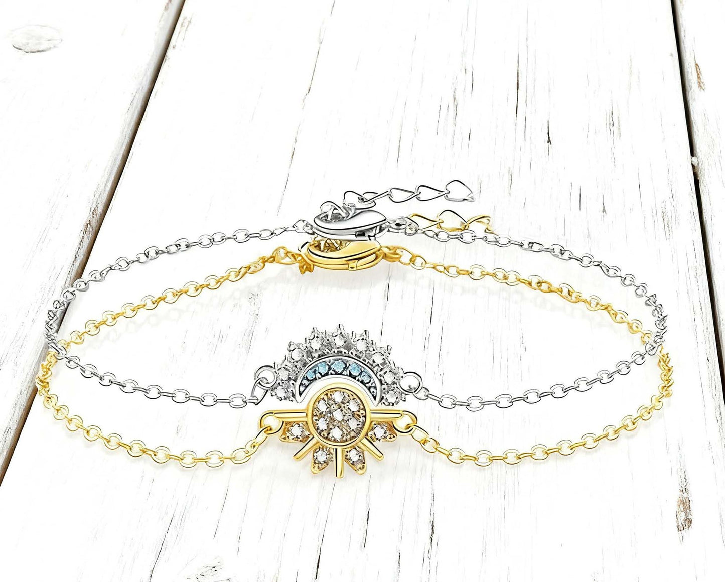 Sun and Moon Friendship Jewelry Set – 6-Piece Matching Ring, Necklace & Bracelet Duo for Best Friends in Gold and Silver Tone with Cubic Zirconia - Image 4