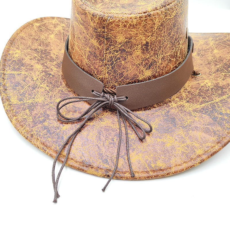 Retro Western Cowboy Hat Khaki Distressed Crackle Finish Bull Head Emblem Wide Brim Sun Protection Outback Bush Hat for Men Women L 58-60cm - Image 4