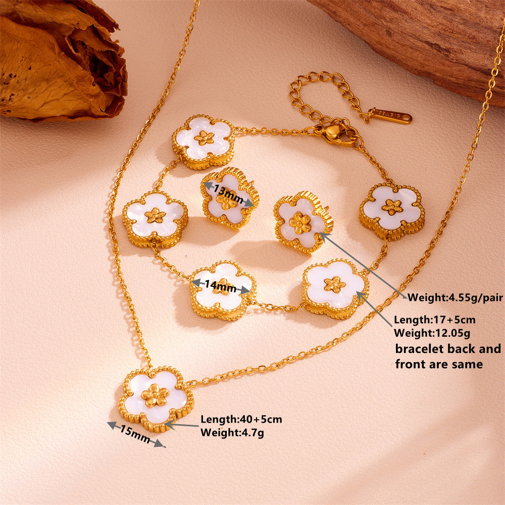 3-Piece Floral Jewellery Set (White Shell Style) - Gold Plated Stainless Steel 5-Petal Flower Necklace, Bracelet & Earrings - Tarnish Free & Hypoallergenic Gift for Women - Image 3