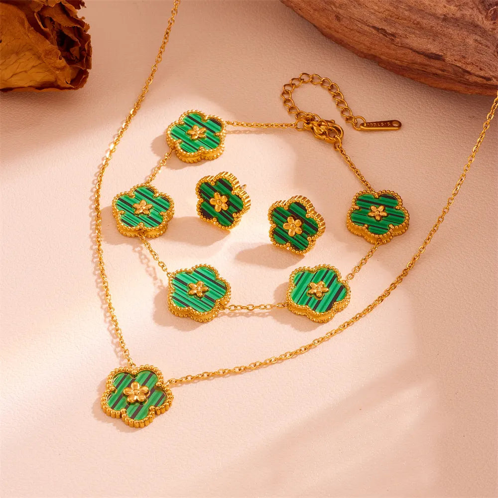 3-Piece Floral Jewellery Set (Green Shell Style) - Gold Plated Stainless Steel 5-Petal Flower Necklace, Bracelet & Earrings - Tarnish Free & Hypoallergenic Gift for Women