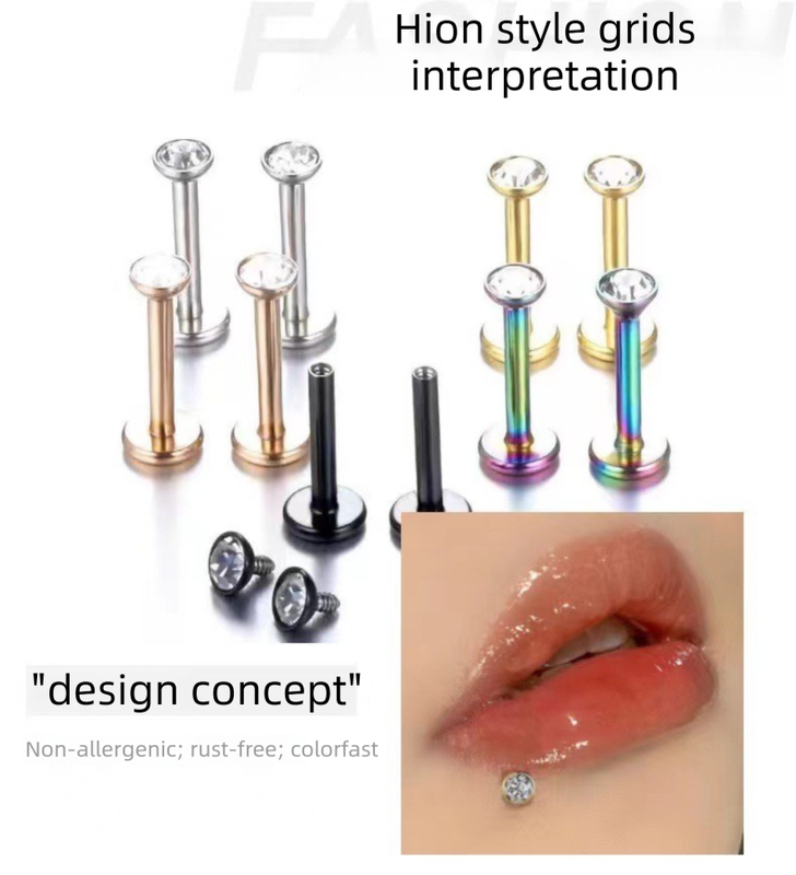 2 PCS Internally Threaded Labret Studs - 16G 8mm Stainless Steel Flat Back with 3mm CZ Crystal - Gold Tone Body Piercing for Lip Tragus Helix - Image 2