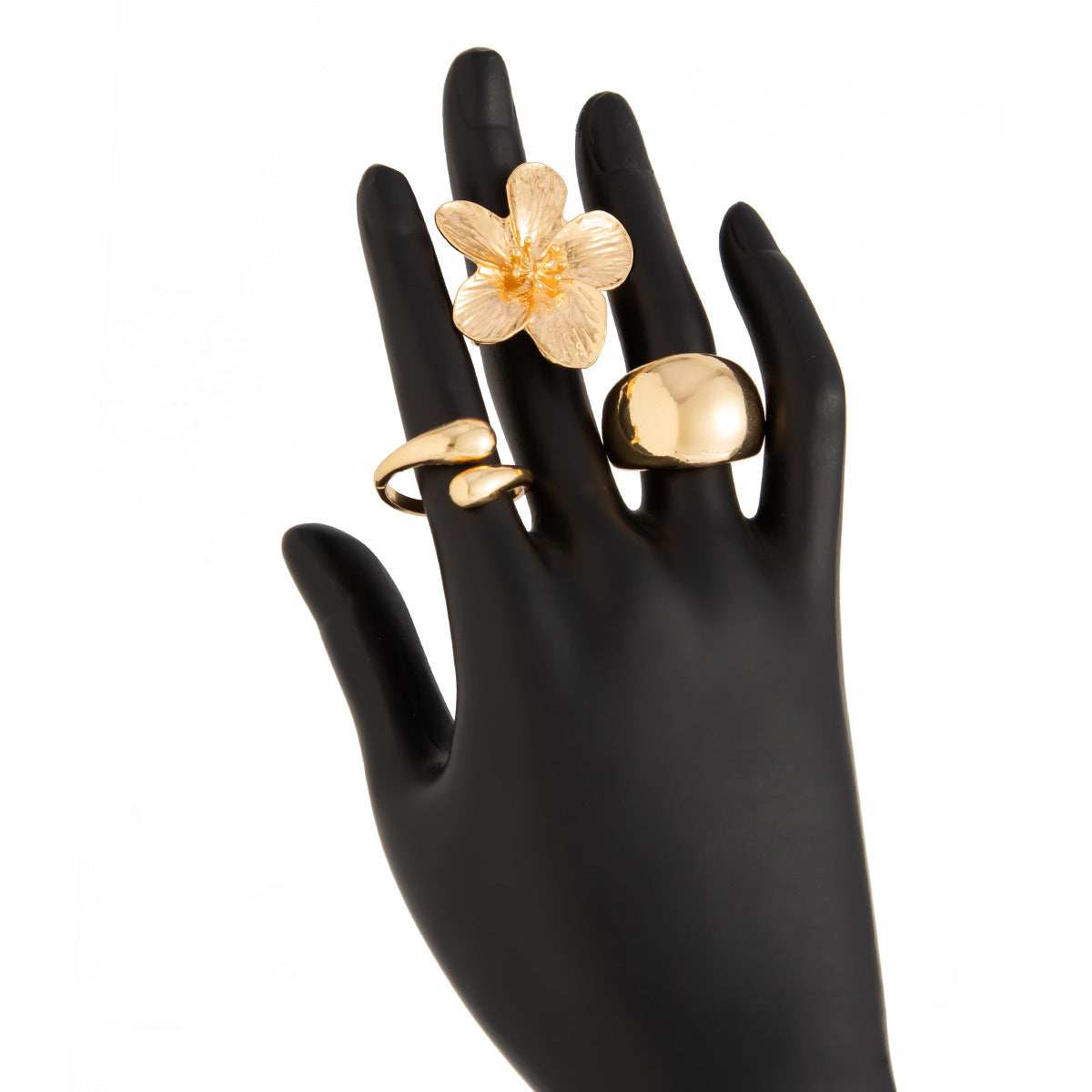 3-Piece Sculptural Gold Tone Ring Set - Large Textured Flower, Chunky Smooth Dome & Teardrop Wrap Band - Adjustable Statement Jewellery - Image 5