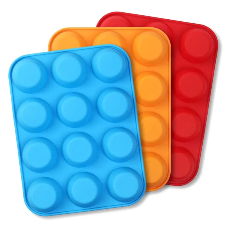 3 PCS Food Grade Silicone Cake Mould 12 Cup Round Cupcake Pan Blue Red and Orange Easy Release Non Stick Baking Trays