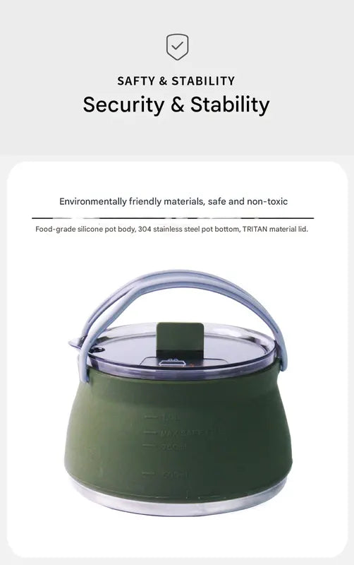 Khaki 1L Portable Collapsible Camping Kettle - Food-Grade Silicone Body with 304 Stainless Steel Base, Compatible with Induction & Gas Stoves - Image 5