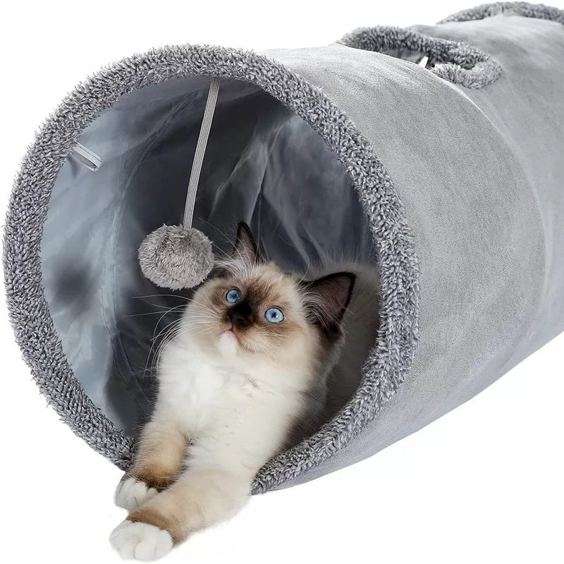 30X67CM Brown Durable Suede Foldable Cat Tunnel - Interactive Multi-Sensory Play Tube with Crinkle Paper & Plush Interior, plush ball and Steel Frame - Image 4