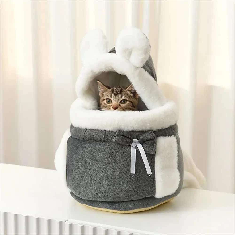 Grey 2-in-1 Ultra-Soft Plush Pet Carrier & Mobile Bed - Portable & Lightweight Cute Cat Ear Design Travel Cabin (XL 38 x 25 x 30CM) - Image 6
