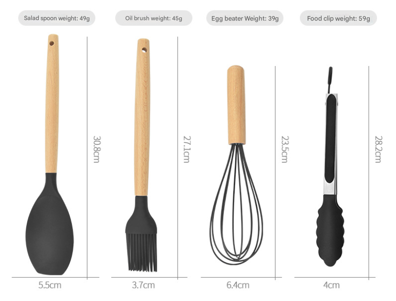 12-Piece Black Heat-Resistant Silicone Cooking Utensils with Wooden Handles and Box - Non-Stick Scratch-Free Kitchen Tool Kit - Image 7