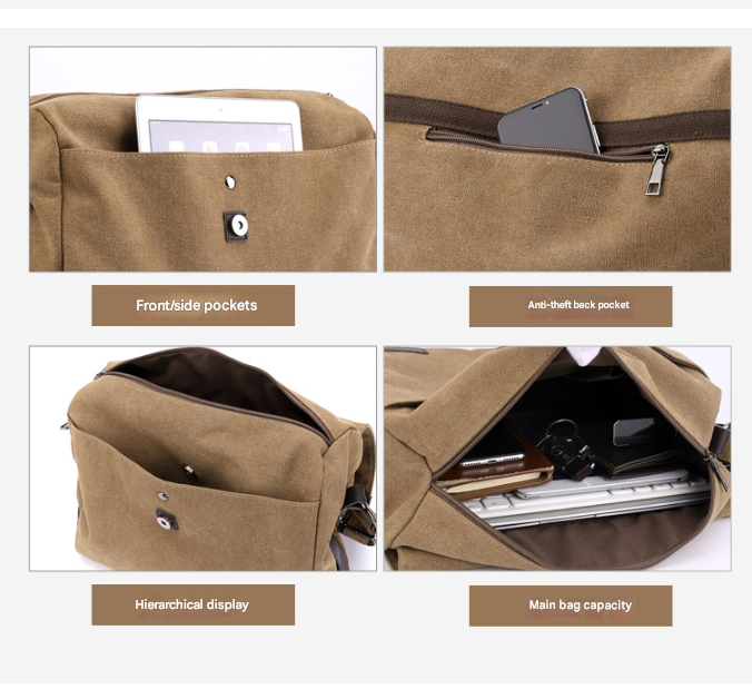 Black Men's Large Capacity Canvas Messenger Bag Lightweight Multi-Pocket Crossbody Shoulder Bag for Work Casual Travel iPad Compatible - Image 4