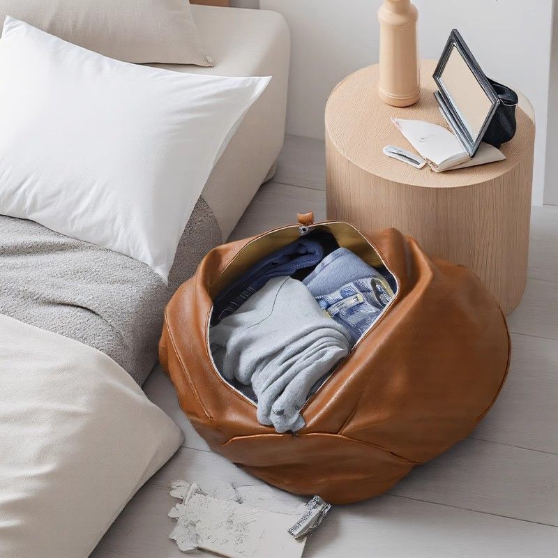 Brown Faux Leather Pumpkin Pouf Cover - DIY Unfilled Round Ottoman for Clothes Storage and Footrest - 50x30cm Versatile Home Decor - Image 3