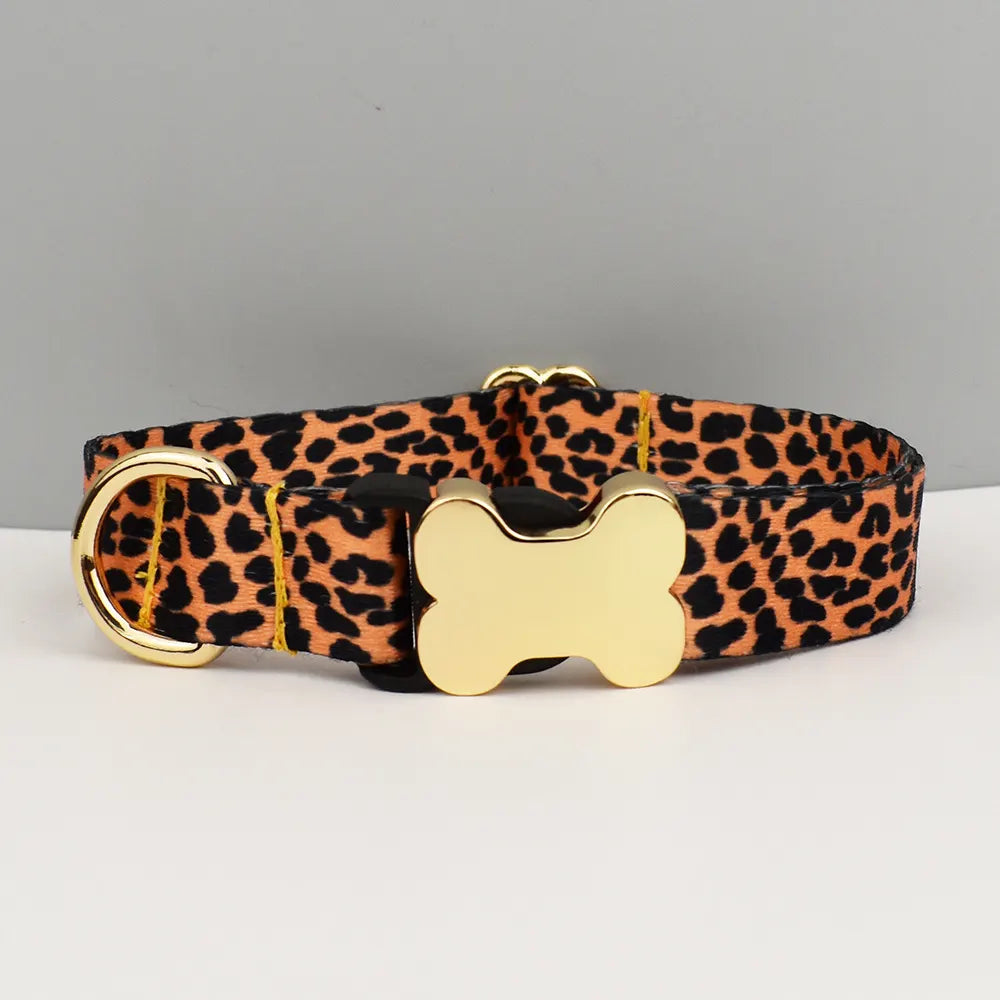 S Leopard Print Boho Patterned Dog Collar with Gold Metal Bone Buckle Adjustable Tribal & Leopard Print Neck Strap for Puppies & Dogs
